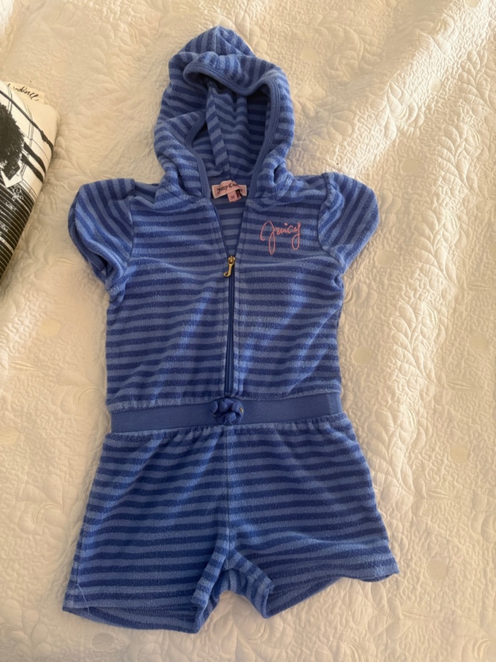 Juicy Couture Blue Striped Terry Romper with Hood